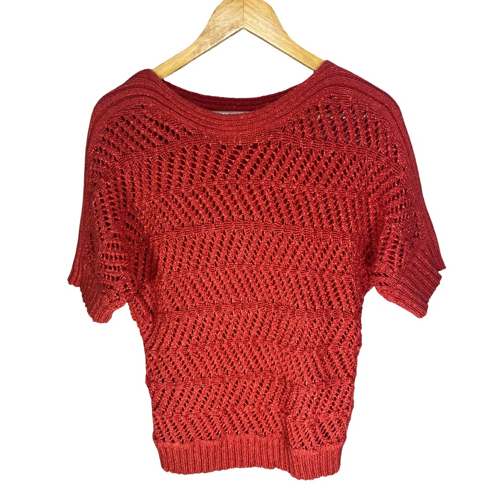 Chico's Rust Orange Chevron Pointelle Knit Short‎ Sleeve Sweater Size 1 Medium